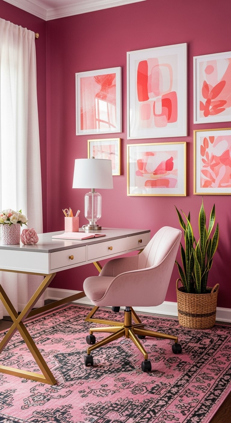 Bureau blanc et or dans une pièce aux murs magenta avec galerie d'art rose