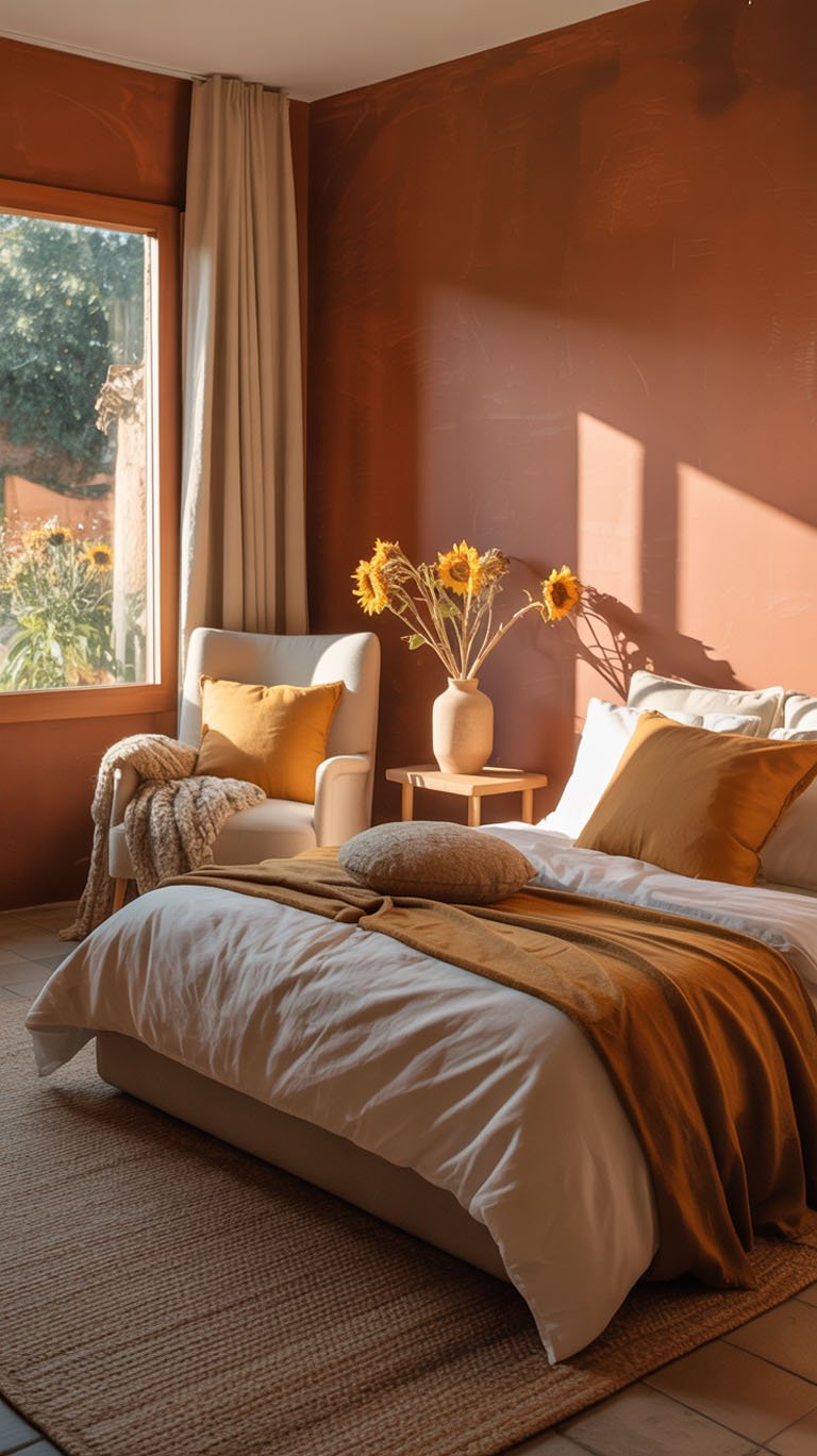 Chambre artistique avec mur terracotta et linge de lit jaune moutarde