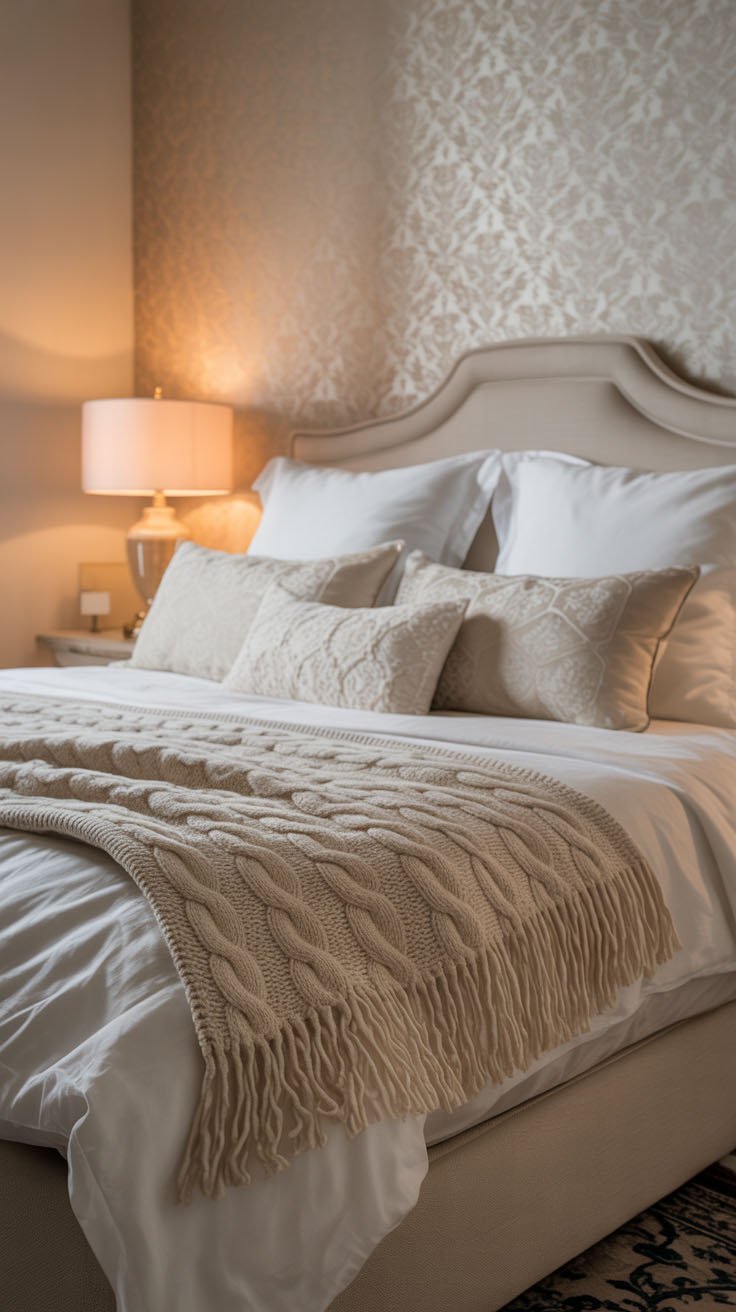 Chambre cocooning beige avec plaid en tricot et coussins texturés