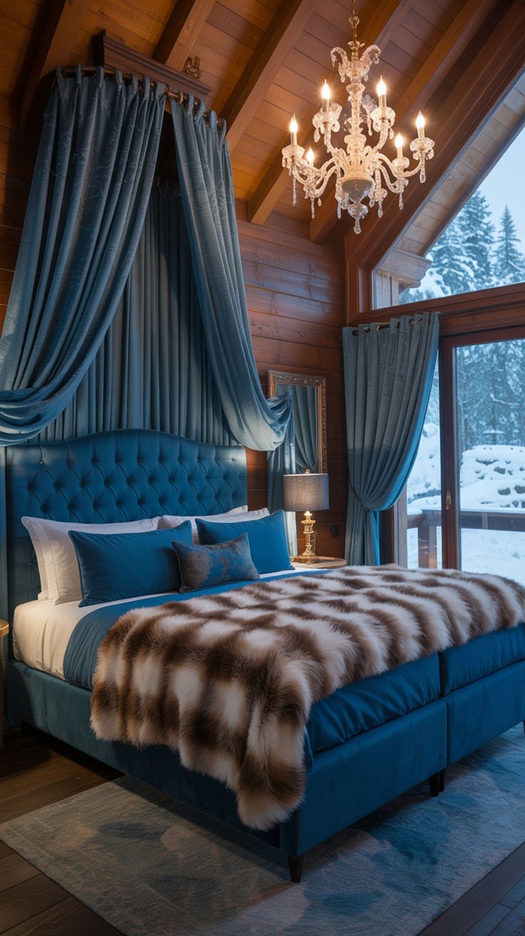 Chambre de luxe avec lit en velours bleu et lustre en cristal