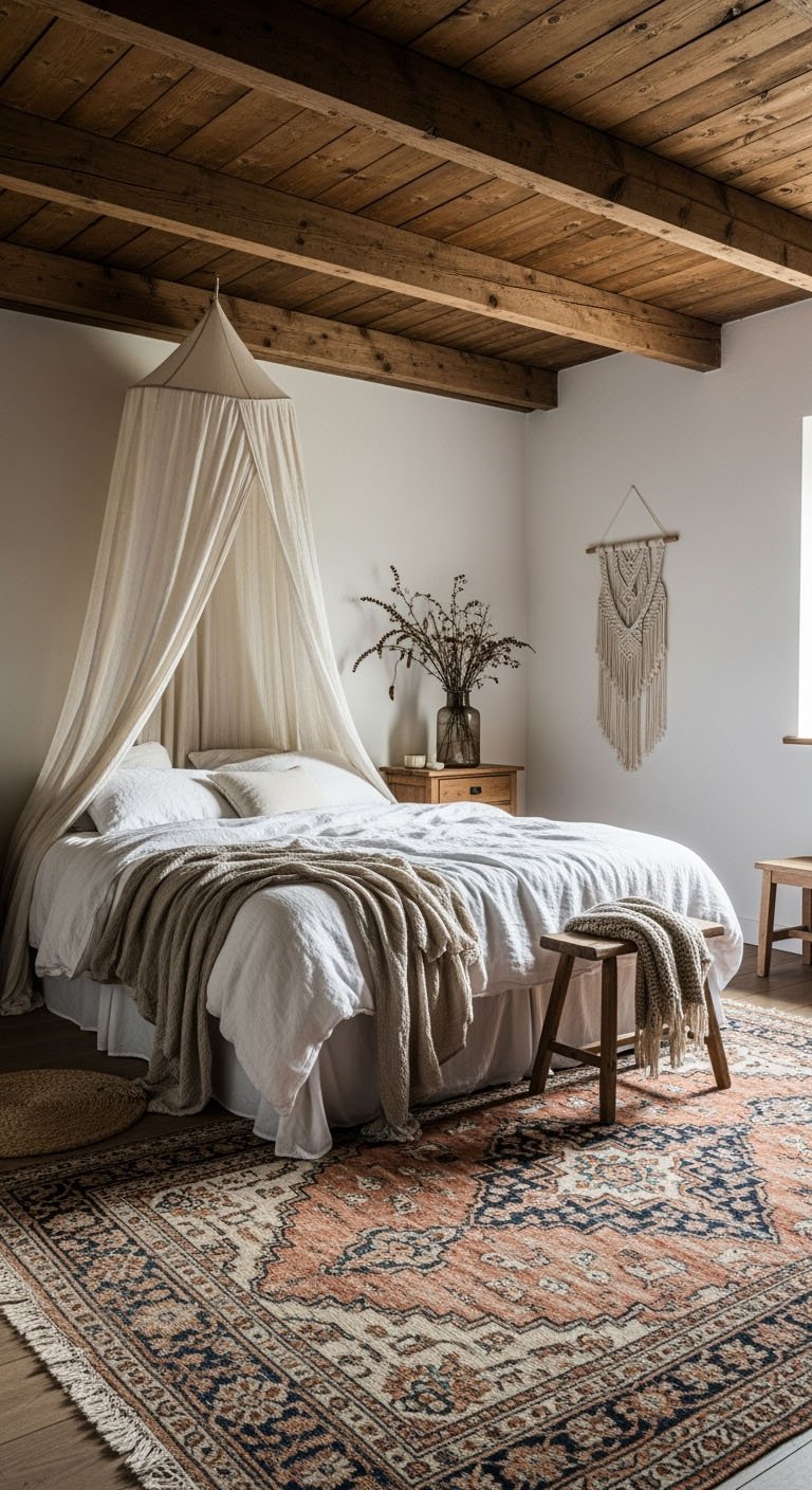 Chambre rustique avec poutres apparentes et baldaquin en lin