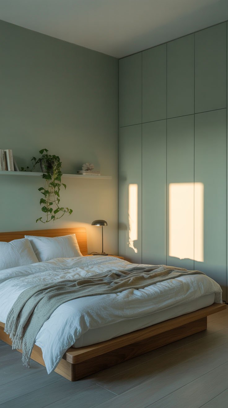 Chambre vert sauge avec placards intégrés et lit en bois