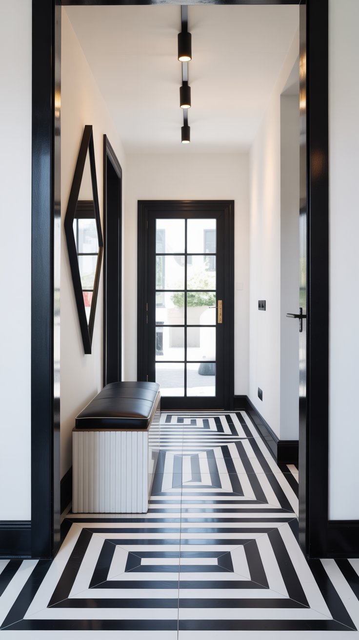 Couloir dentree avec carrelage graphique noir et blanc