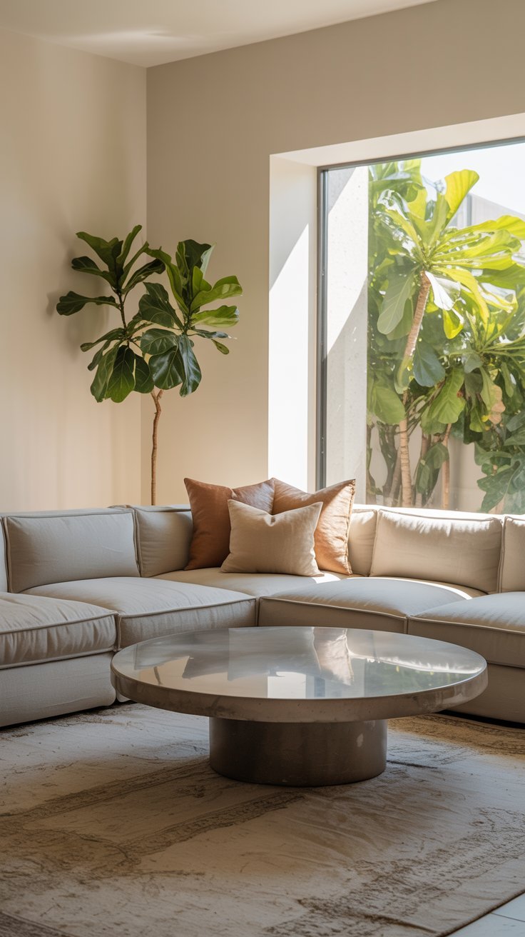 Grand canapé d angle beige avec une table basse ronde en béton