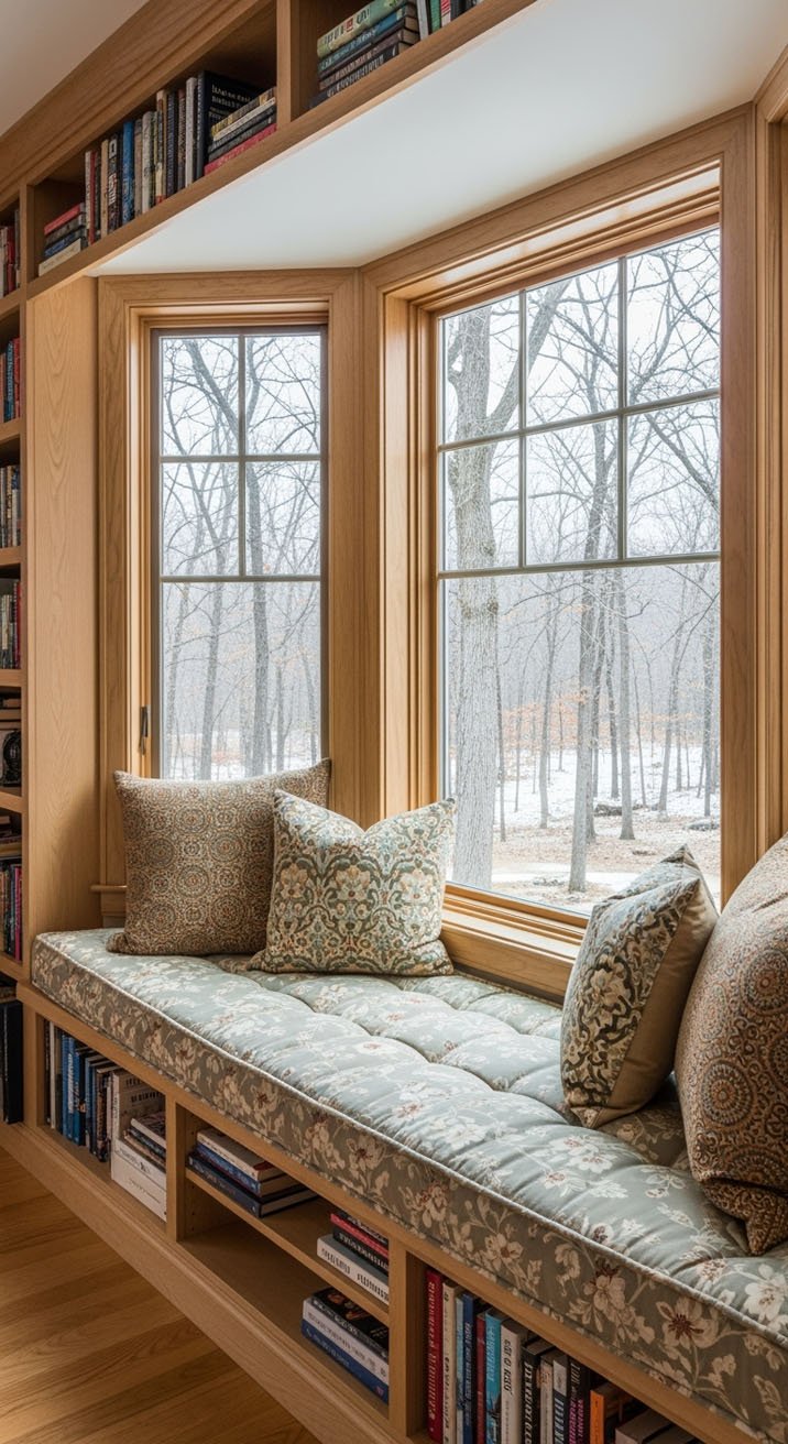 Grande banquette de fenêtre avec vue sur une forêt en hiver