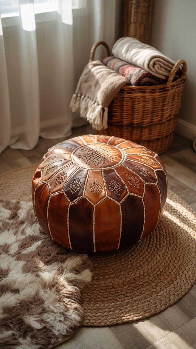 Pouf marocain en cuir sur un tapis en jute