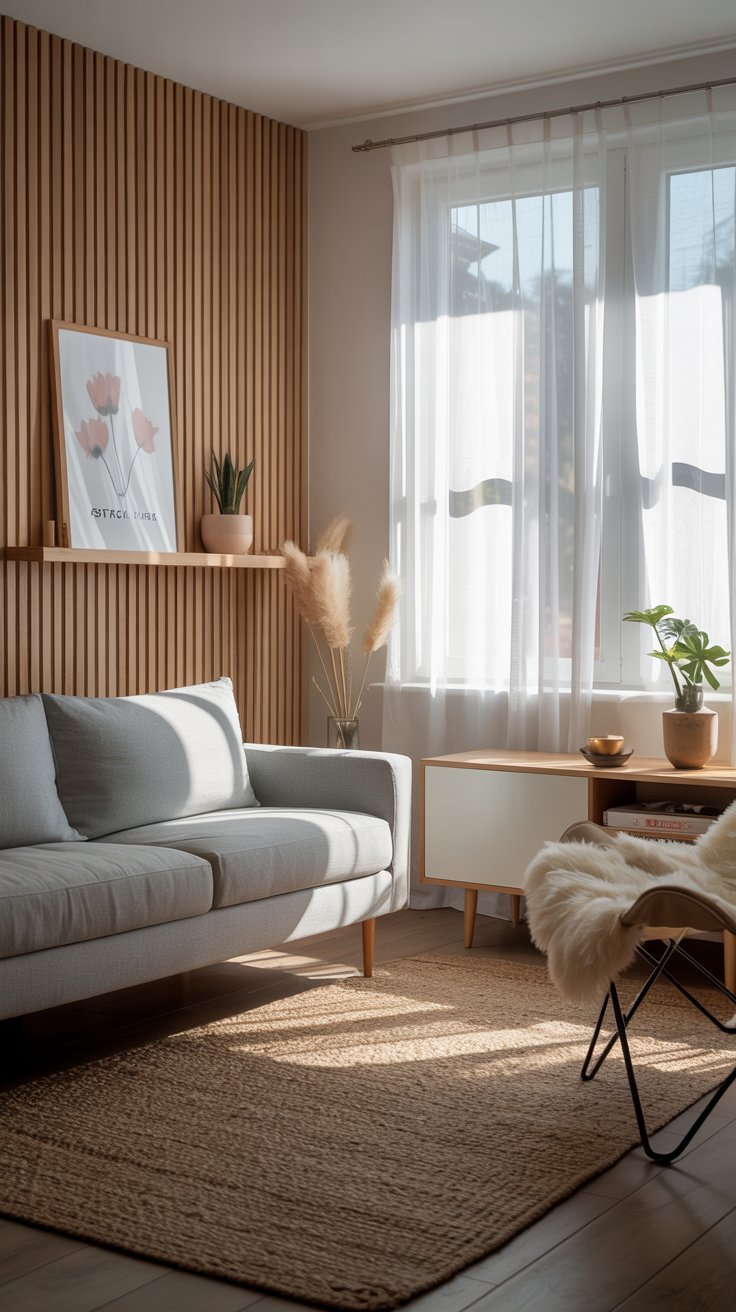 Salon scandinave avec canapé gris et un grand mur de tasseaux de bois clair