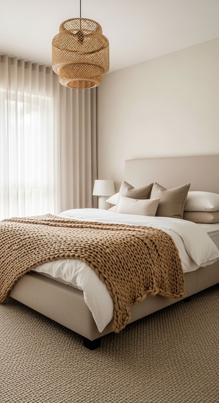 Chambre neutre avec un plaid marron en grosse maille et une suspension en rotin.