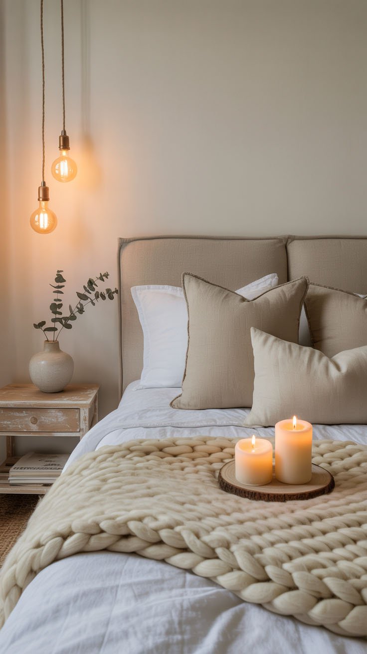 Lit cosy avec plaid en grosse maille et bougies allumées