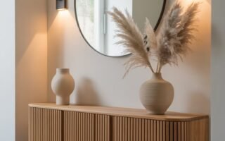 Buffet mural en bois strié avec miroir rond et herbe de la pampa