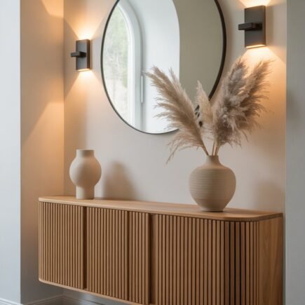 Buffet mural en bois strié avec miroir rond et herbe de la pampa