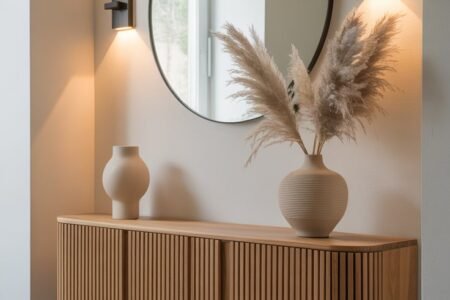 Buffet mural en bois strié avec miroir rond et herbe de la pampa