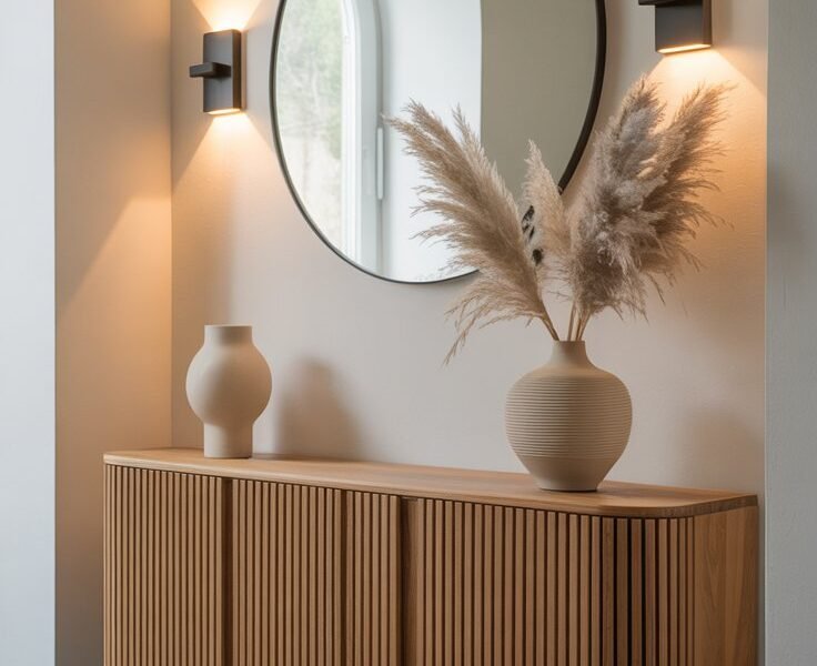 Buffet mural en bois strié avec miroir rond et herbe de la pampa