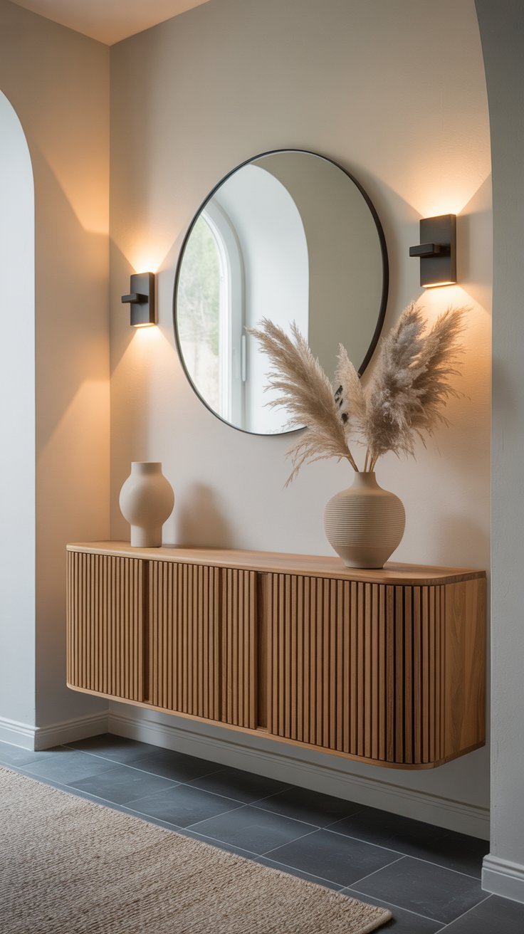 Buffet mural en bois strié avec miroir rond et herbe de la pampa