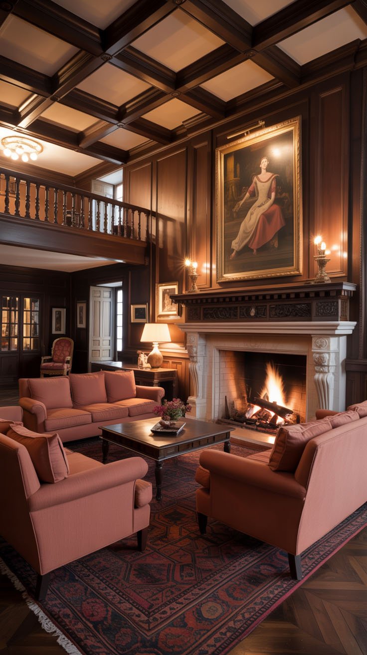 Bureau classique avec boiseries sombres et grande cheminée
