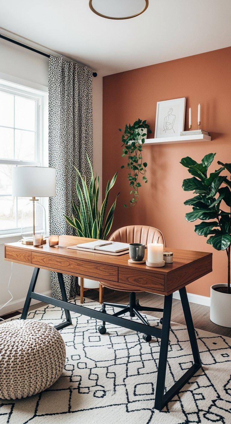 Bureau en bois avec chaise en cuir marron devant un mur couleur terre cuite