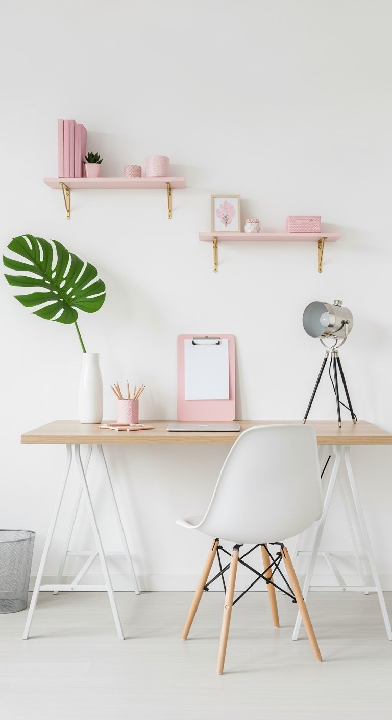 Bureau minimaliste blanc avec des étagères roses et une feuille de monstera