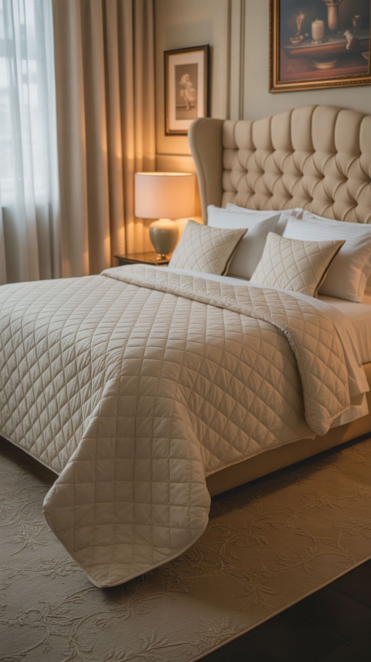 Chambre classique avec tête de lit capitonnée et couvre lit matelassé