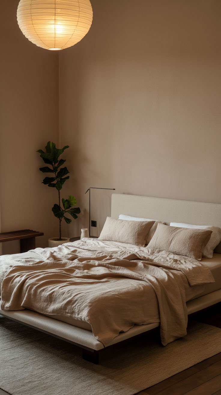 Chambre minimaliste avec murs beiges et suspension en papier de riz