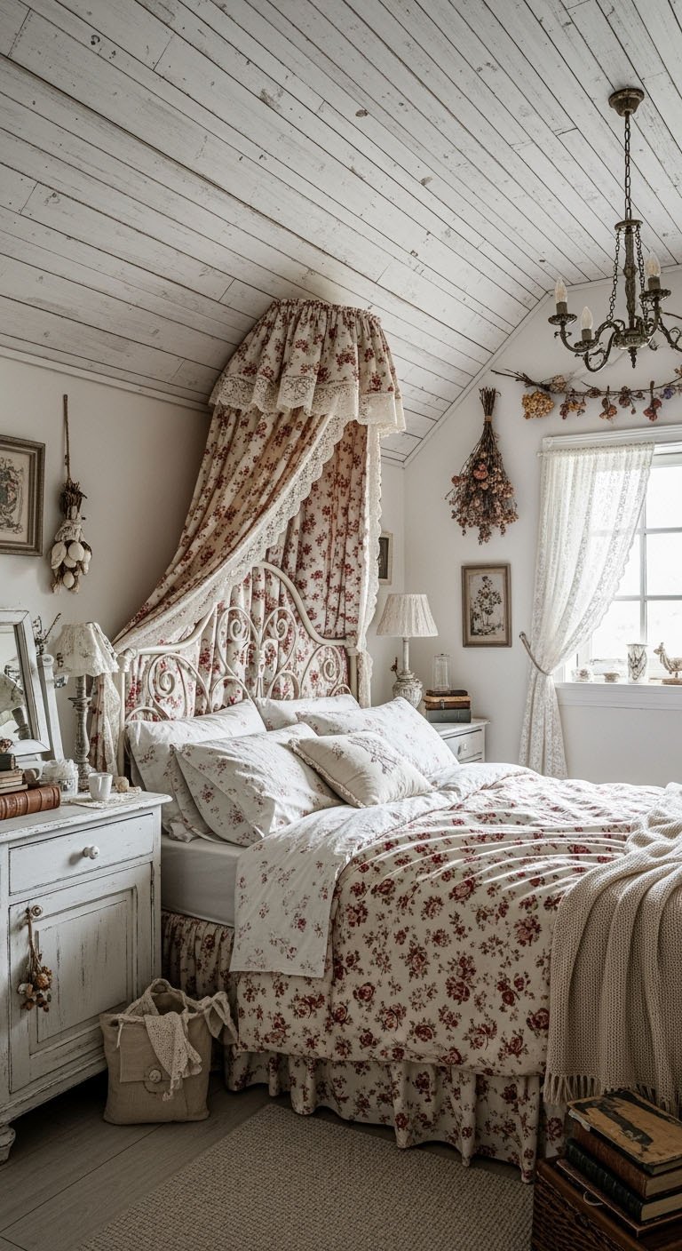 Chambre romantique avec linge de lit fleuri et mobilier blanc