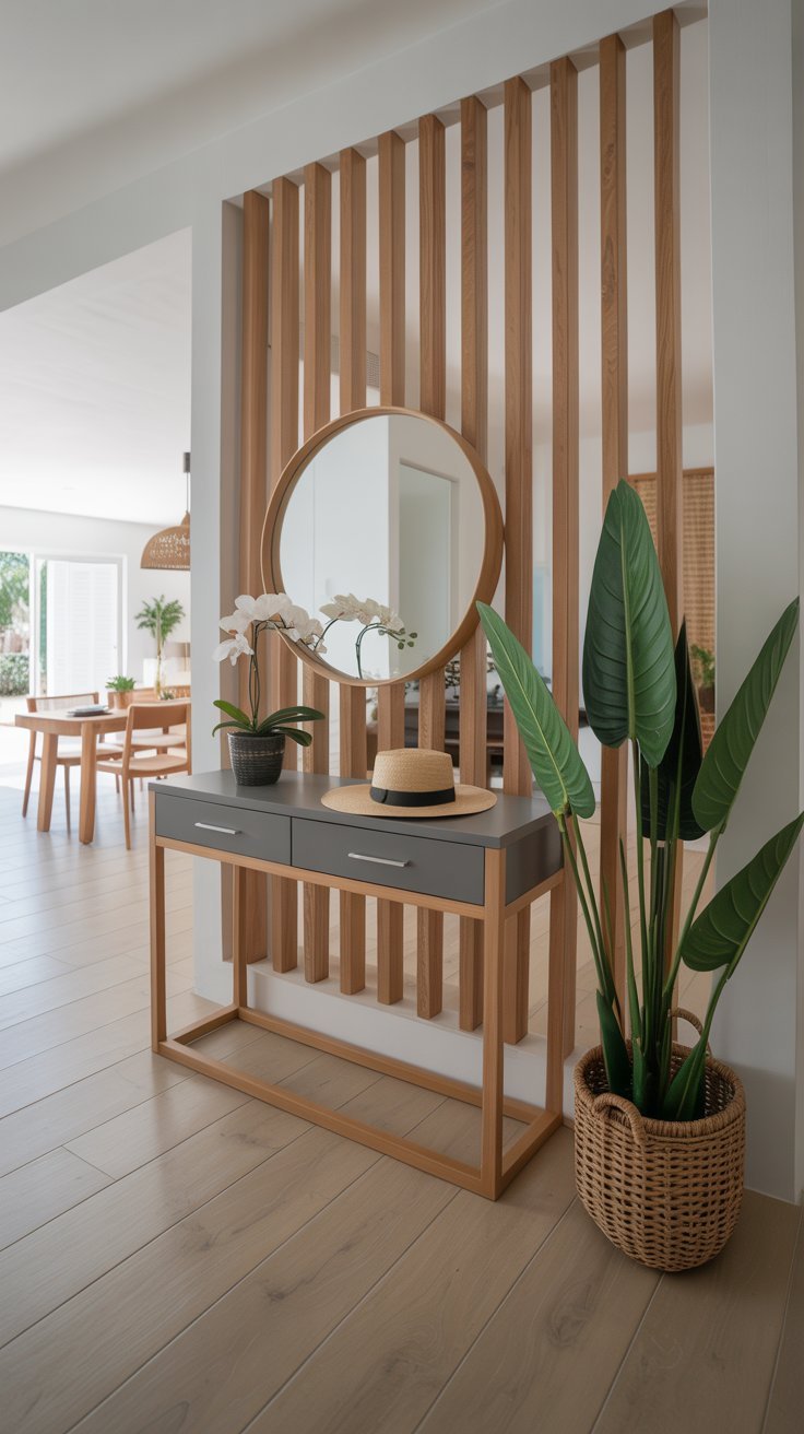 Claustra en tasseaux de bois séparant une entrée avec une console grise