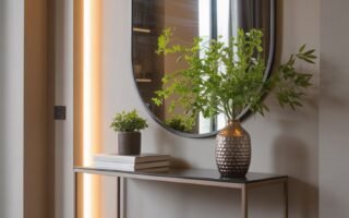 Console fine avec miroir ovale et éclairage LED