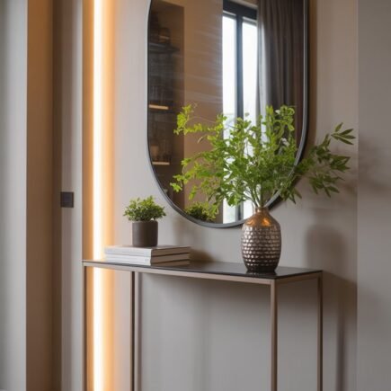 Console fine avec miroir ovale et éclairage LED