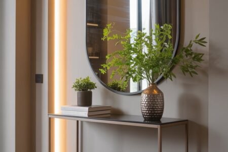 Console fine avec miroir ovale et éclairage LED