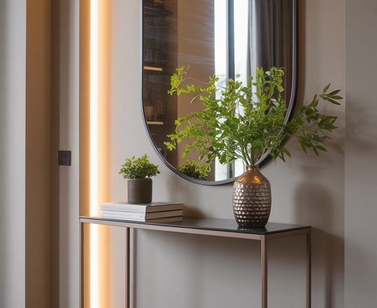 Console fine avec miroir ovale et éclairage LED