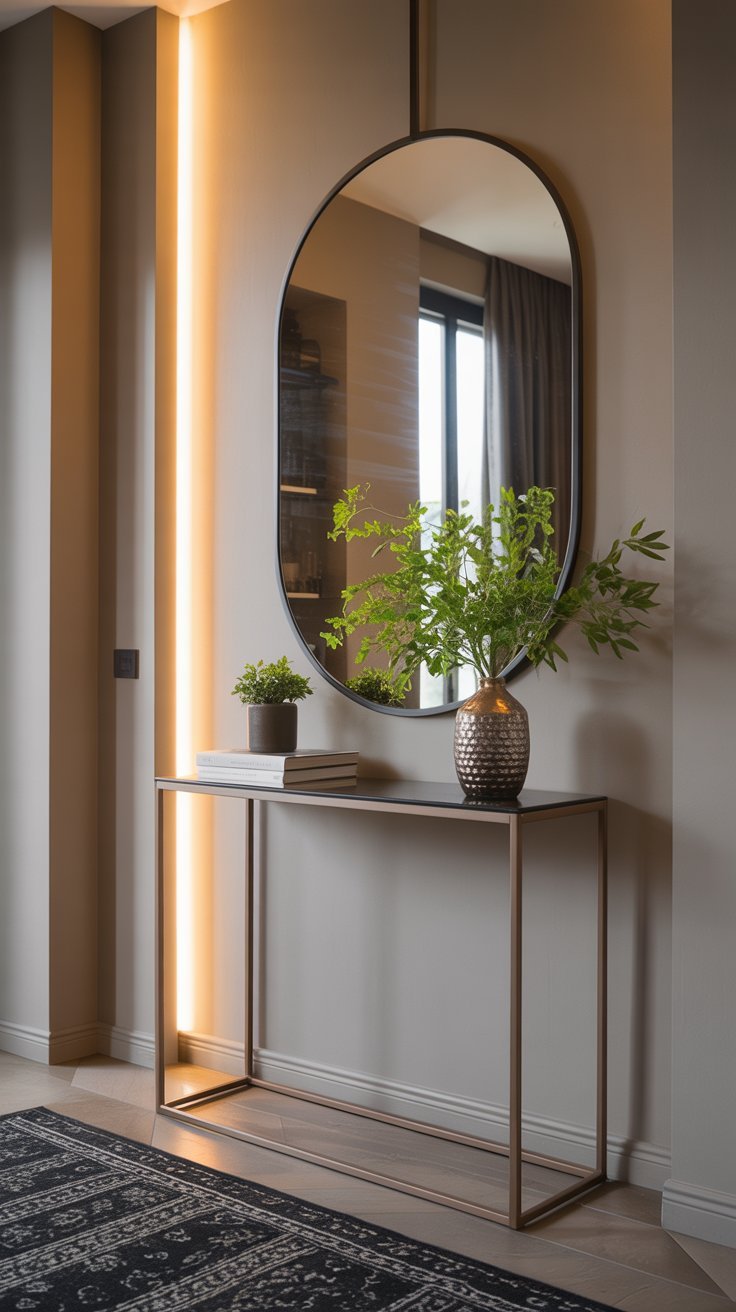 Console fine avec miroir ovale et éclairage LED