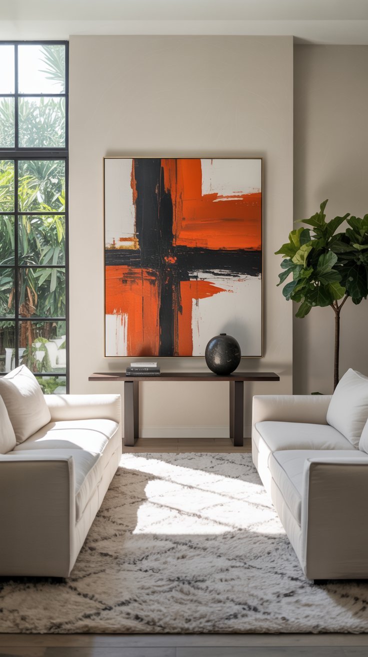 Deux canapés blancs face à face avec un grand tableau abstrait orange