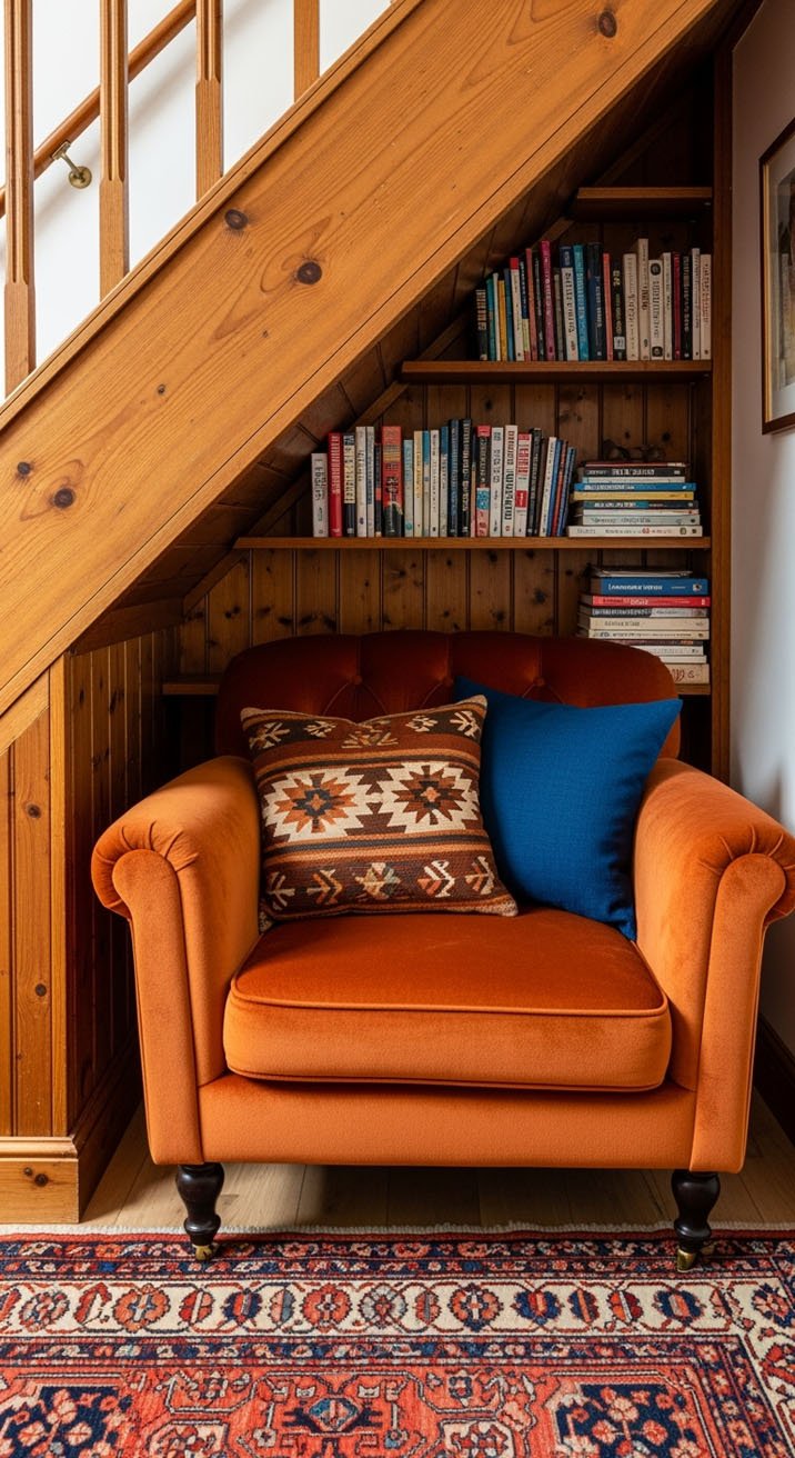 Fauteuil orange confortable installé dans un renfoncement sous un escalier