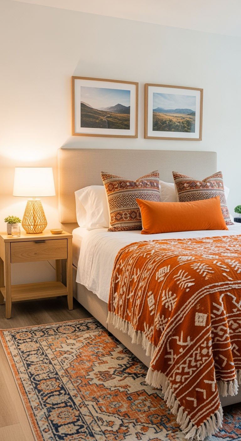 Lit avec plaid ethnique orange et cadres de paysages