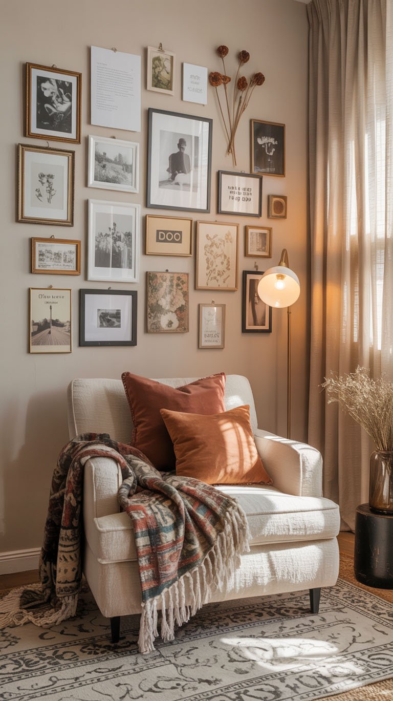 Mur galerie de cadres au dessus d'un fauteuil beige