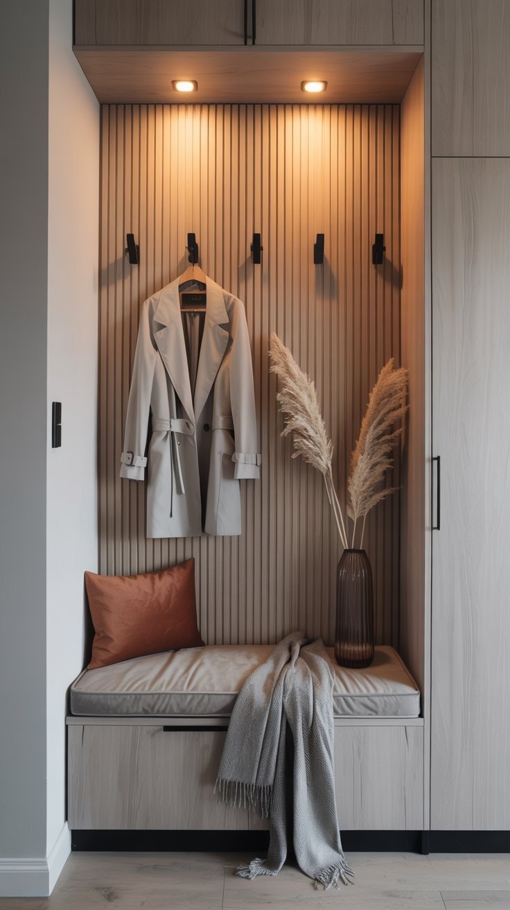 Niche d entrée aménagée avec banc et fond en tasseaux de bois