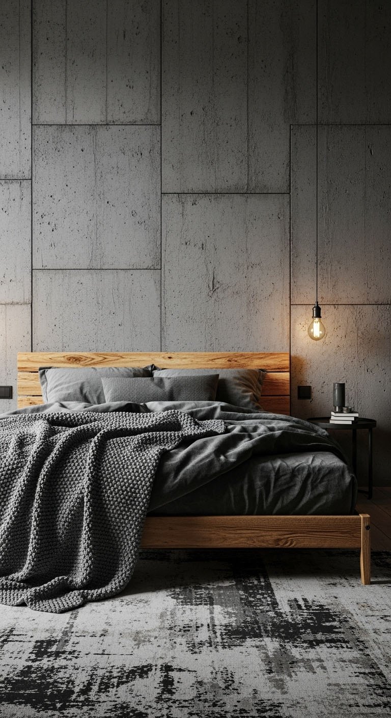 Chambre de style industriel avec un mur en béton et un lit en bois clair.