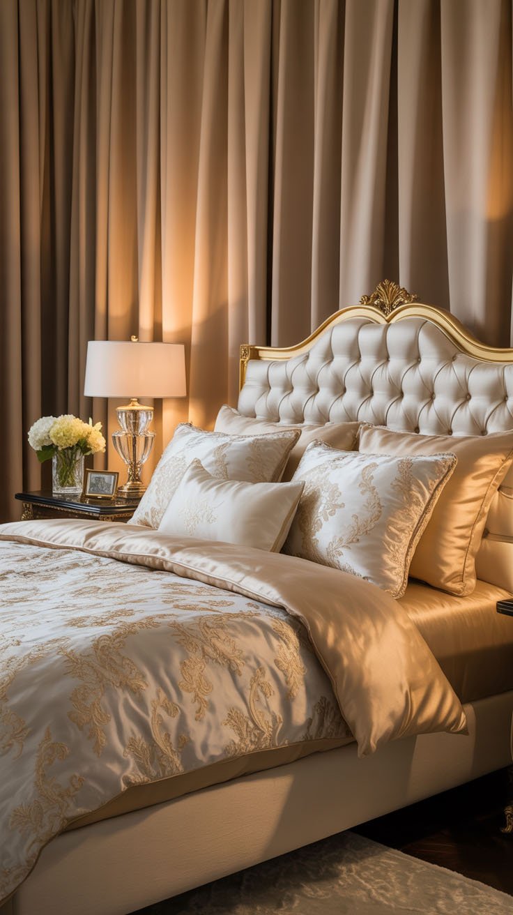 Chambre chic avec literie en satin champagne et tête de lit capitonnée