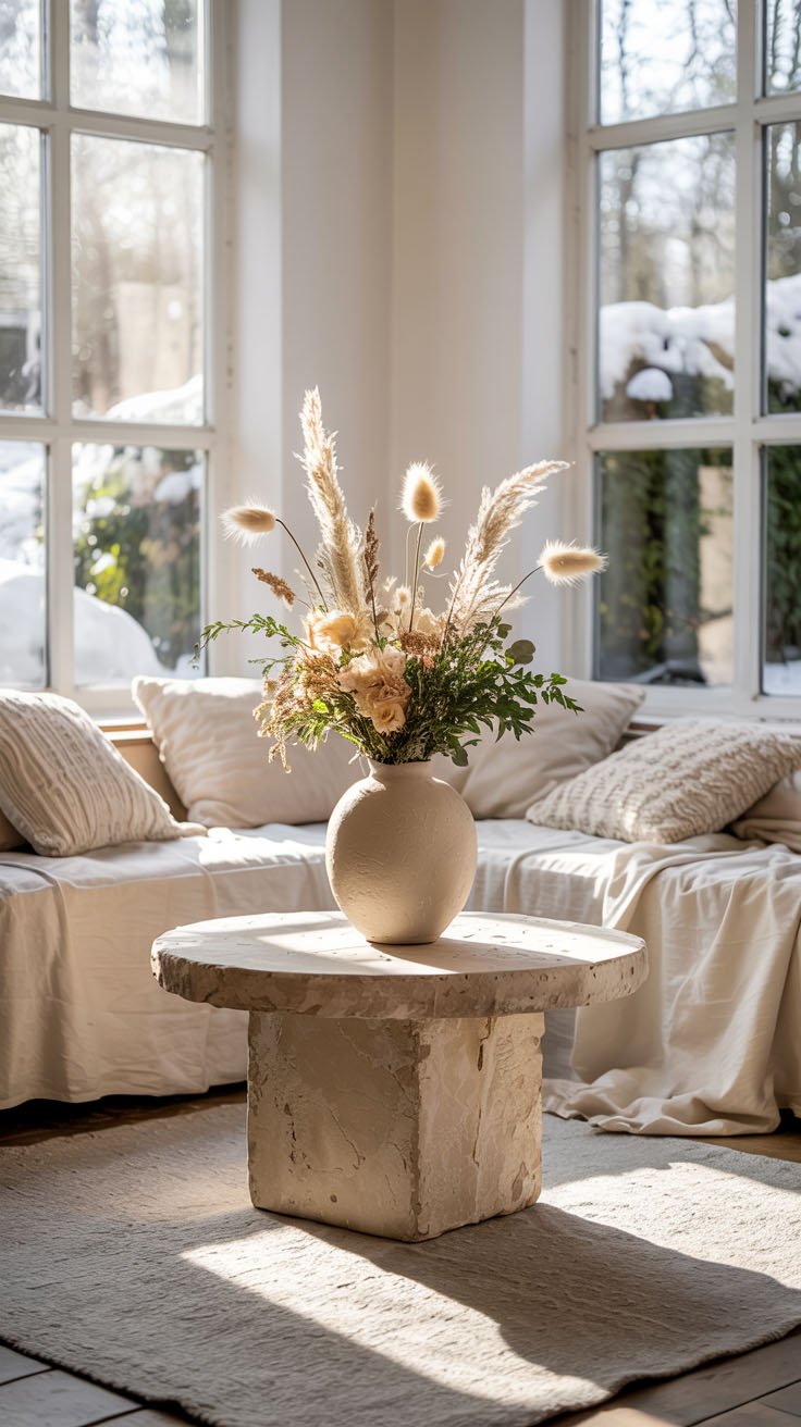 Vase en céramique avec des fleurs séchées sur une table en pierre près d'une fenêtre