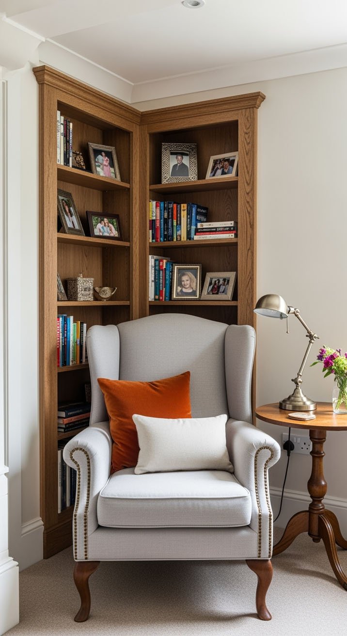 Bibliothèque d'angle en bois avec fauteuil ailé gris classique