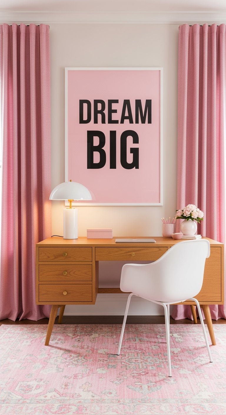 Bureau en bois avec un grand cadre rose