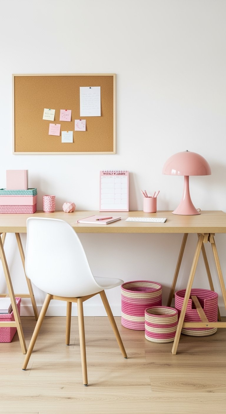 Bureau en bois clair avec chaise blanche et accessoires roses dont une lampe champignon