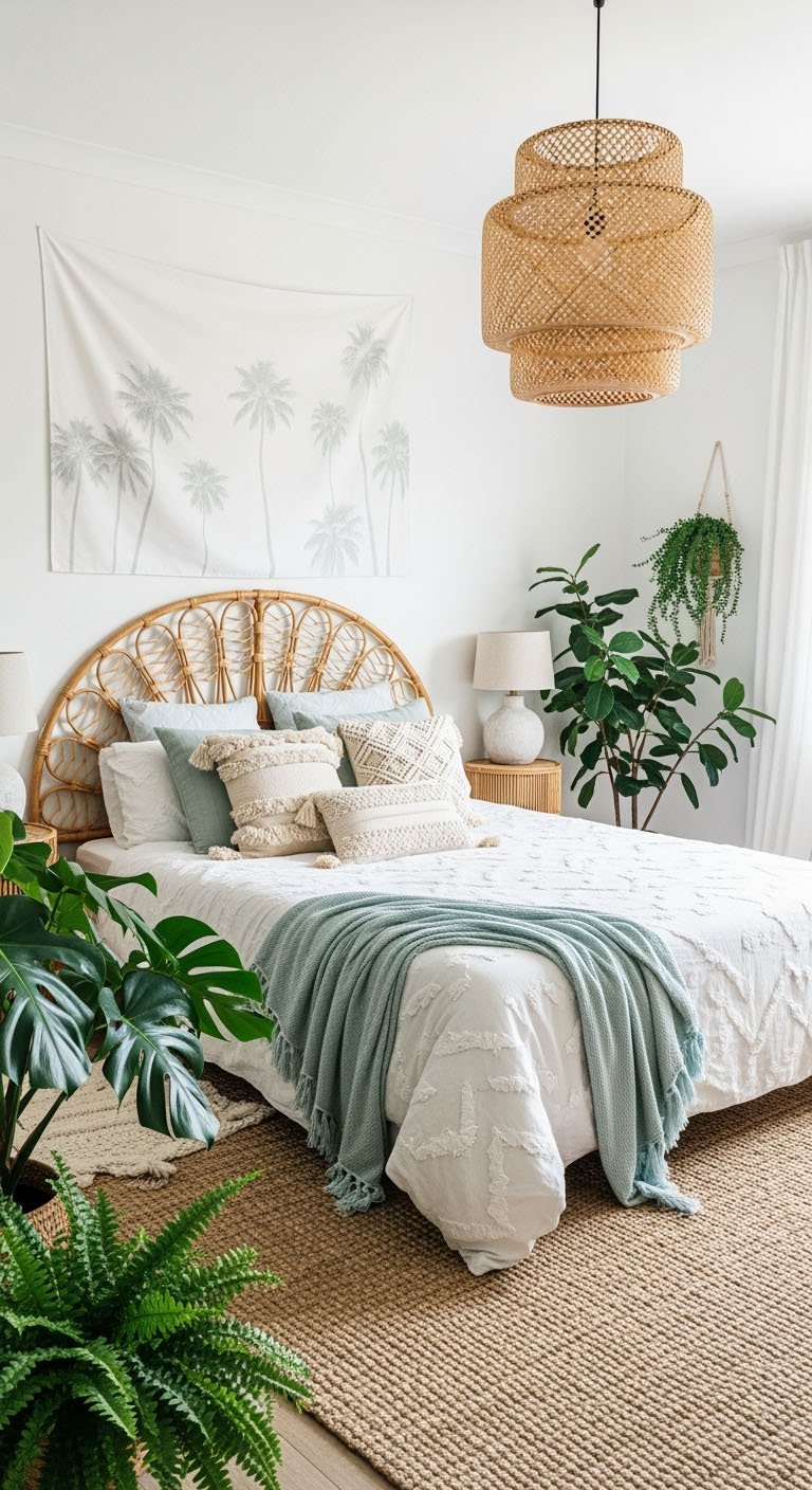 Chambre bohème scandinave avec tête de lit en rotin et plantes