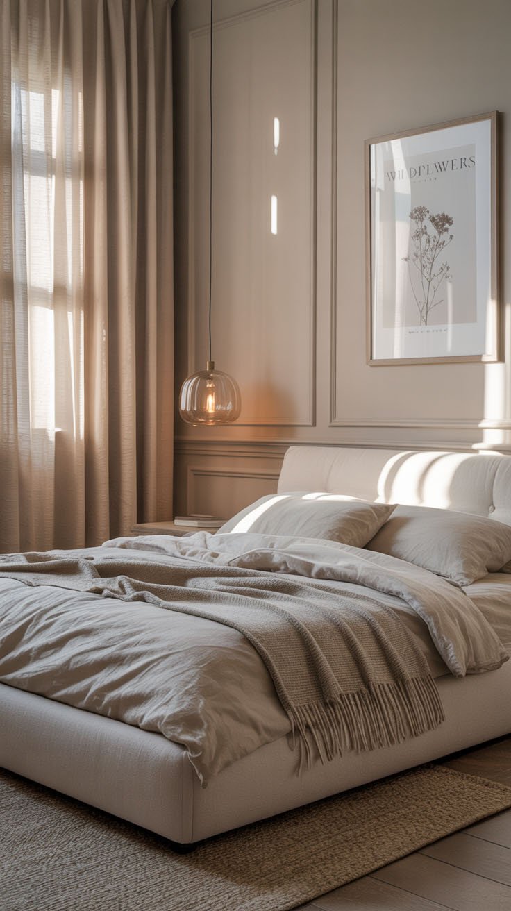 Chambre minimaliste couleur taupe avec lumière douce naturelle