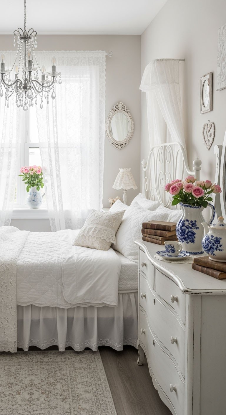 Chambre romantique blanche avec mobilier vintage et rideaux en dentelle