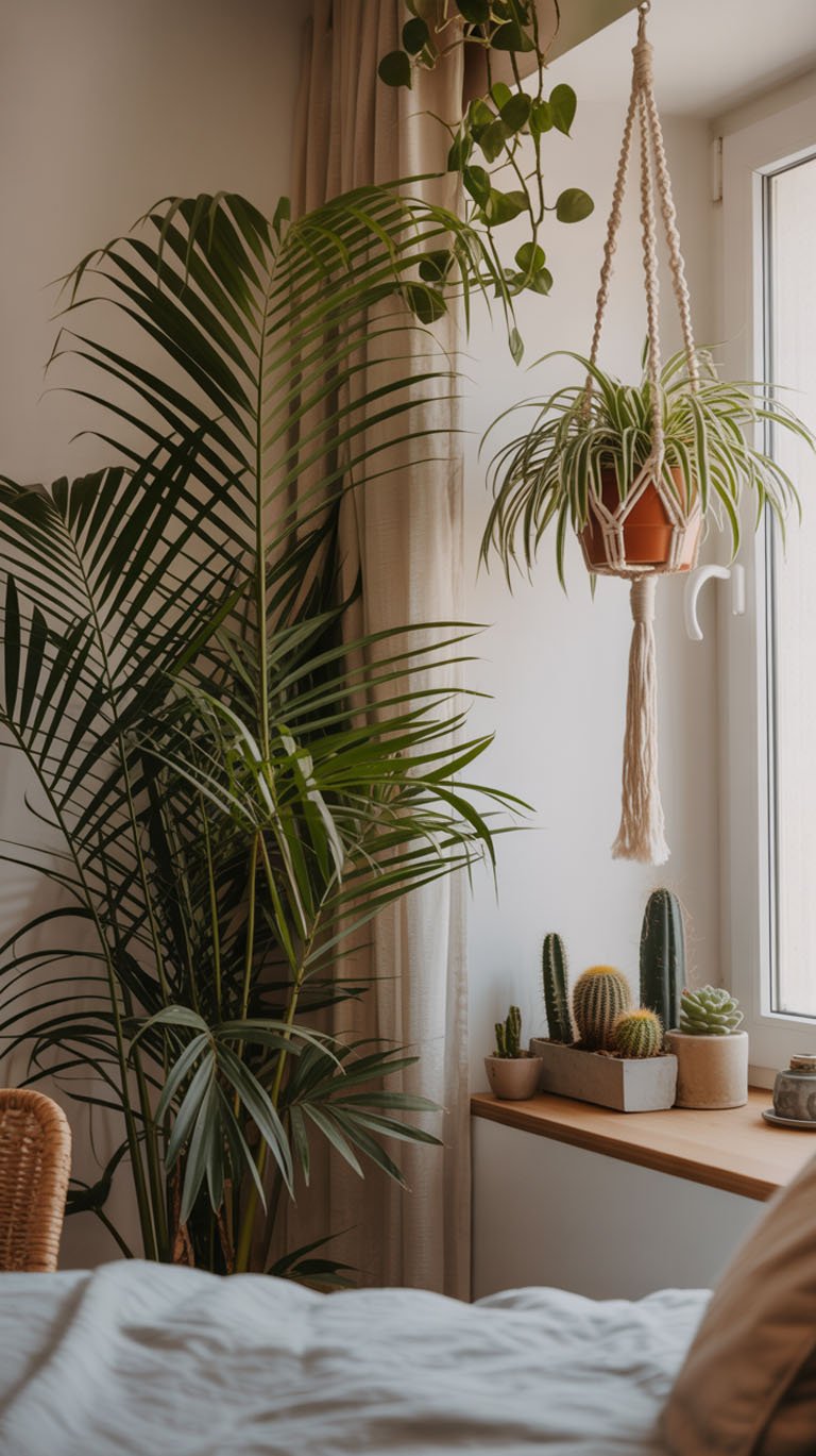 Coin de chambre avec de nombreuses plantes vertes près d'une fenêtre