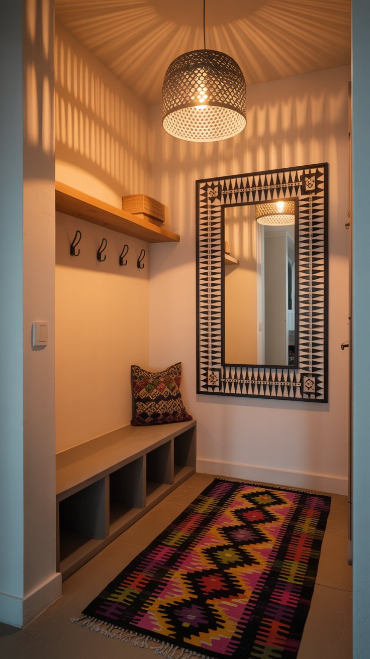 Entrée bohème avec tapis kilim coloré et miroir graphique