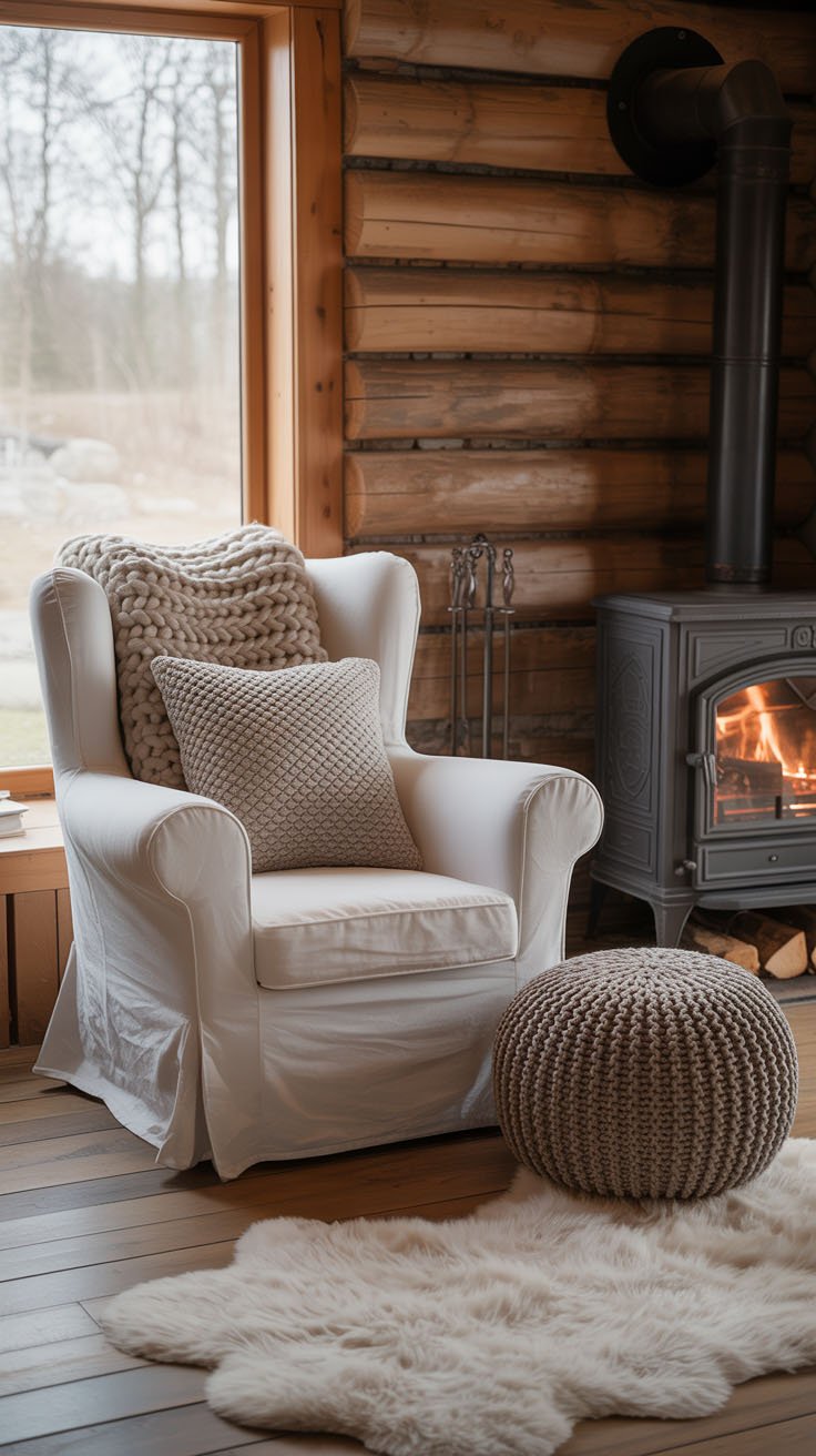 Fauteuil blanc confortable à côté d'un poêle à bois
