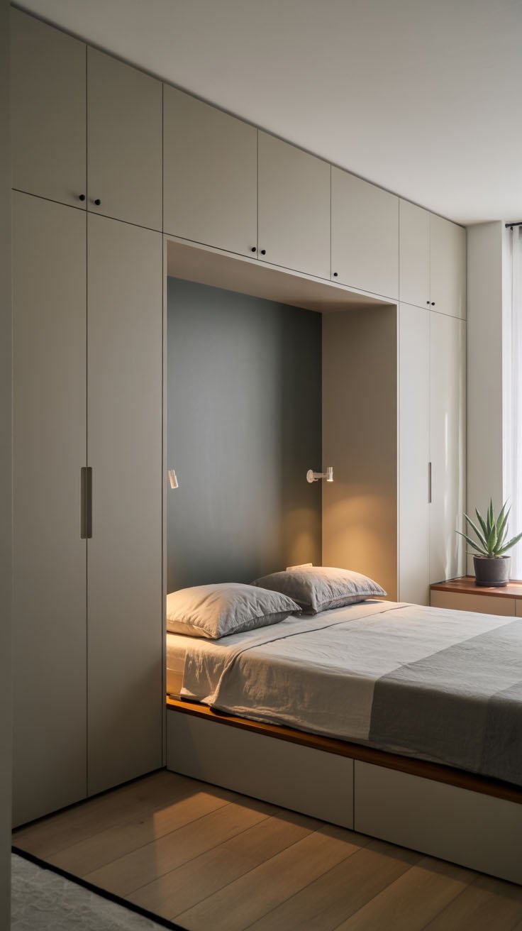Lit niché dans un mur de placards gris avec éclairage intégré