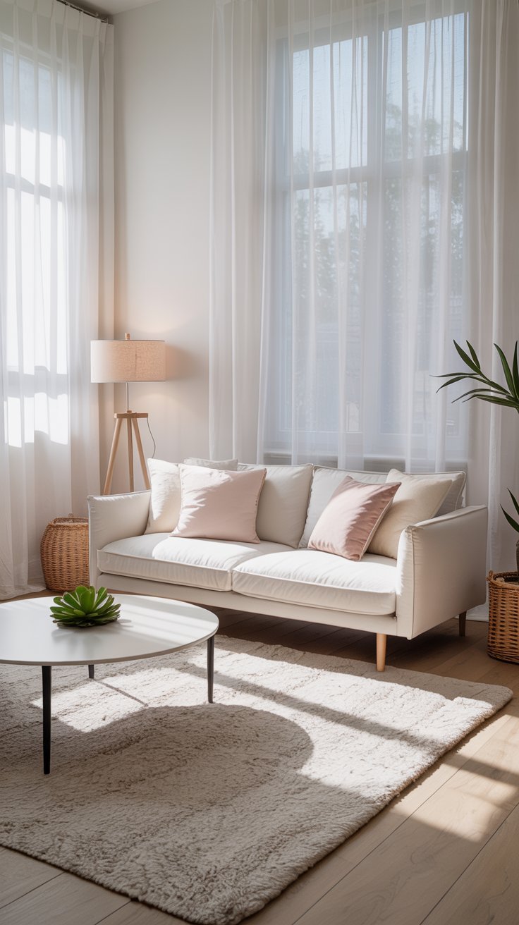 Salon de style scandinave avec canapé blanc et coussins roses