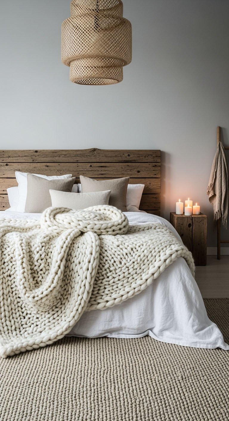 Chambre de style scandinave avec une tête de lit en bois et un plaid en laine.